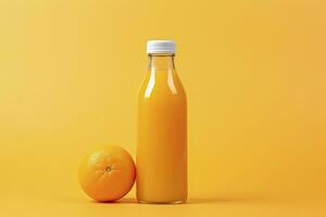 AI generated Orange Juice bottle on orange background. AI Generated photo