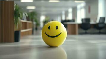 ai generado un amarillo sonriente pelota lata promover un positivo trabajo ambiente. generativo ai foto