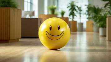 ai generado un amarillo sonriente pelota lata promover un positivo trabajo ambiente. generativo ai foto