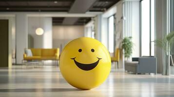 ai generado un amarillo sonriente pelota lata promover un positivo trabajo ambiente. generativo ai foto