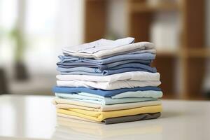 AI generated Stack of clean clothes on table in room. Generative AI photo