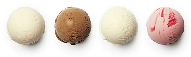 AI generated Set of four various ice cream balls or scoops isolated on white background. AI Generated photo