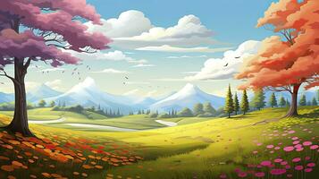 AI generated Spring season with colorful flowers and trees in a pretty meadow or field. AI Generated. photo