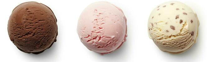 AI generated Set of four various ice cream balls or scoops isolated on white background. AI Generated photo