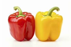 AI generated Two bell peppers, a red and a yellow isolated on white background. AI Generated. photo