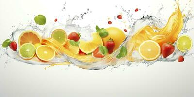 AI generated Swirl water splash with fruits. liquid flow with ice cubes and a mix of fresh fruits. Generative AI photo