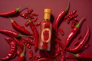 AI generated Tabasco hot pepper sauce with red chili pepper, flat lay. Generative AI photo