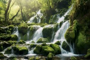 AI generated Waterfall landscape with rocks covered in green moss. AI Generated photo