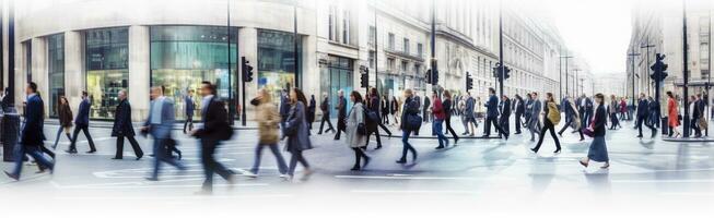 ai generado caminando personas difuminar. un montón de personas caminar en el ciudad de Londres. amplio panorámico ver de personas cruce el la carretera. ai generado foto