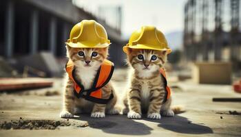 AI generated Two kittens wearing hard hats on a construction site. Generative AI photo