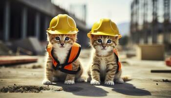 ai generado dos gatitos vistiendo difícil sombreros en un construcción sitio. generativo ai foto