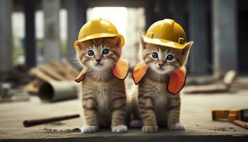 ai generado dos gatitos vistiendo difícil sombreros en un construcción sitio. generativo ai foto