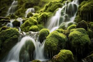 AI generated Waterfall landscape with rocks covered in green moss. AI Generated photo