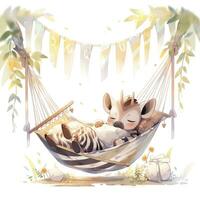 AI generated A sleepy baby zebra in a hammock. watercolor illustrations. AI Generated photo