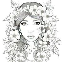 AI generated A girl on a coloring book page with Jasmine flowers. AI Generated photo