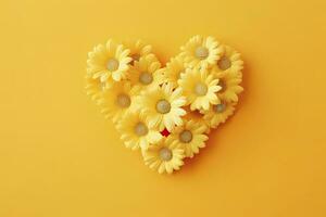 AI generated Yellow Heart Shaped By Yellow Daisies Over Yellow Background. AI Generated photo