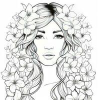 AI generated A girl on a coloring book page with Jasmine flowers. AI Generated photo