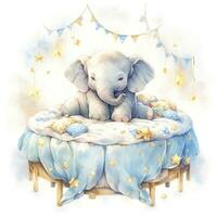 AI generated An elephant on a bed with stars and blankets around the circle. AI Generated photo