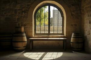 ai generado barril en un antiguo castillo junto a el ventana. ai generado foto