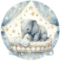 AI generated An elephant on a bed with stars and blankets around the circle. AI Generated photo