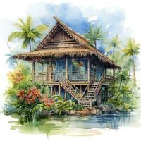 AI generated A watercolored bright serene image of a traditional bahay kubo. AI Generated photo