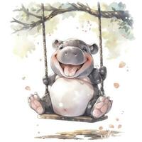 AI generated Cute happy baby rhino on swings in the tree in watercolor style. AI Generated photo