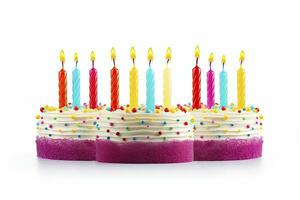 AI generated Colourful birthday cake with candles isolated on white background. AI Generated photo
