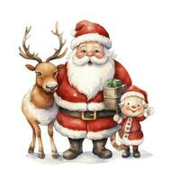 AI generated Cute Santa Claus standing with reindeer. AI Generated photo