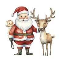 AI generated Cute Santa Claus standing with reindeer. AI Generated photo