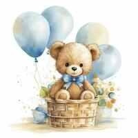 AI generated A watercolor baby teddy bear is sitting in the basket with blue and gold balloons. AI Generated photo