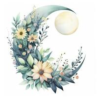 AI generated Watercolor floral Moon with greenery on a white background. AI Generated photo