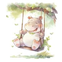 AI generated Cute happy baby rhino on swings in the tree in watercolor style. AI Generated photo