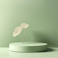 AI generated Empty podium with Ginkgo Biloba leaves and shadows on pastel green background.  AI Generated. photo