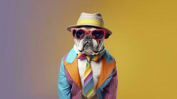 AI generated Cool looking bulldog wearing funky fashion dress. space for text right side. AI Generated photo