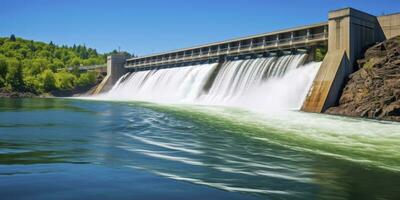 ai generado hidroeléctrico represa generando verde energía desde fluido agua. ai generado. foto