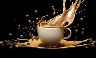 AI generated hot liquid coffee splash with Coffee Bean falling, 3d illustration. AI Generated photo