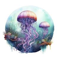 AI generated Jellyfish in an underwater landscape in a circle. AI Generated photo