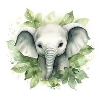 AI generated Happy cute baby elephant in green leaves in the watercolor style. AI Generated photo