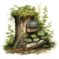 AI generated Watercolor mailbox in a tree on a white background. AI Generated photo