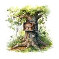 AI generated Watercolor mailbox in a tree on a white background. AI Generated photo