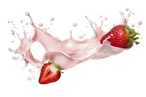 AI generated milk or yogurt splash with strawberries isolated on white background, 3d rendering. AI Generated photo