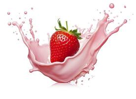 AI generated milk or yogurt splash with strawberries isolated on white background, 3d rendering. AI Generated photo