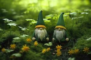 AI generated Toy Irish gnomes in a mystery forest, abstract green natural background. Generative AI photo