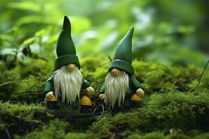 AI generated Toy Irish gnomes in a mystery forest, abstract green natural background. Generative AI photo