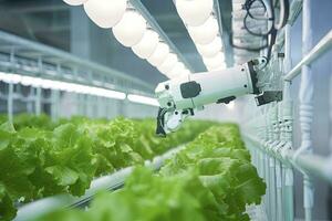 AI generated Automatic Agricultural Technology With Close-up View Of Robotic Arm Harvesting Lettuce In Vertical Hydroponic Plant. AI Generated photo