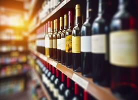 AI generated Abstract blur wine bottles on liquor alcohol shelves in supermarket store background. Generative AI photo