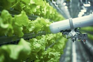 AI generated Automatic Agricultural Technology With Close-up View Of Robotic Arm Harvesting Lettuce In Vertical Hydroponic Plant. AI Generated photo