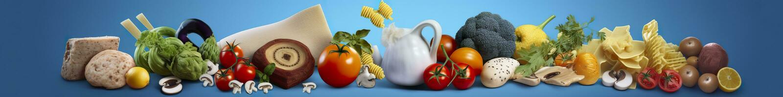 AI generated Web page banner of famous Italian food recipes on clean blue background. AI Generated photo