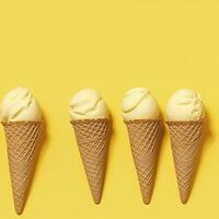 AI generated Ice Cream pattern on yellow background, top view. AI Generated photo