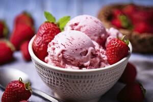 ai generado fresa hielo crema con Fresco fresas ai generado foto